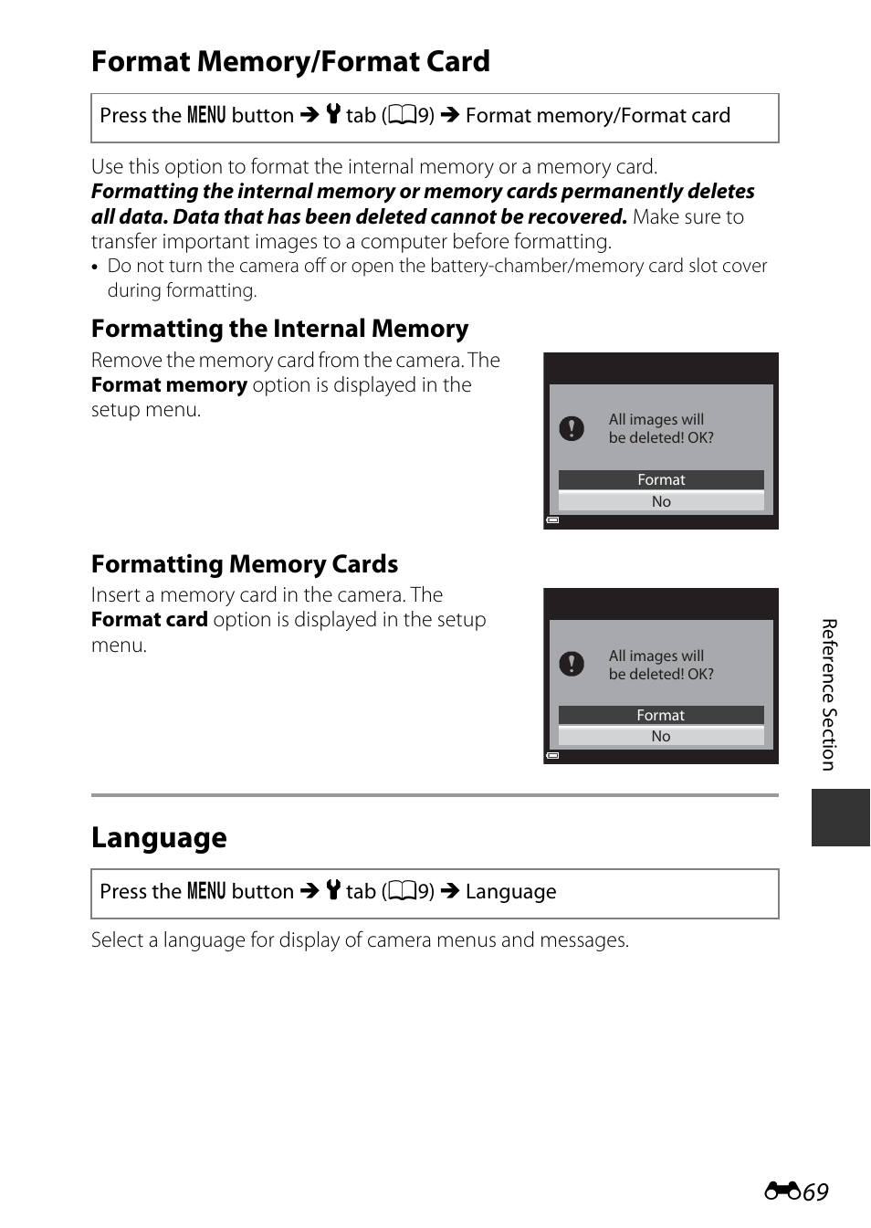 Format memory/format card, Language, E69) permanently | Nikon P530 User Manual | Page 185 / 226