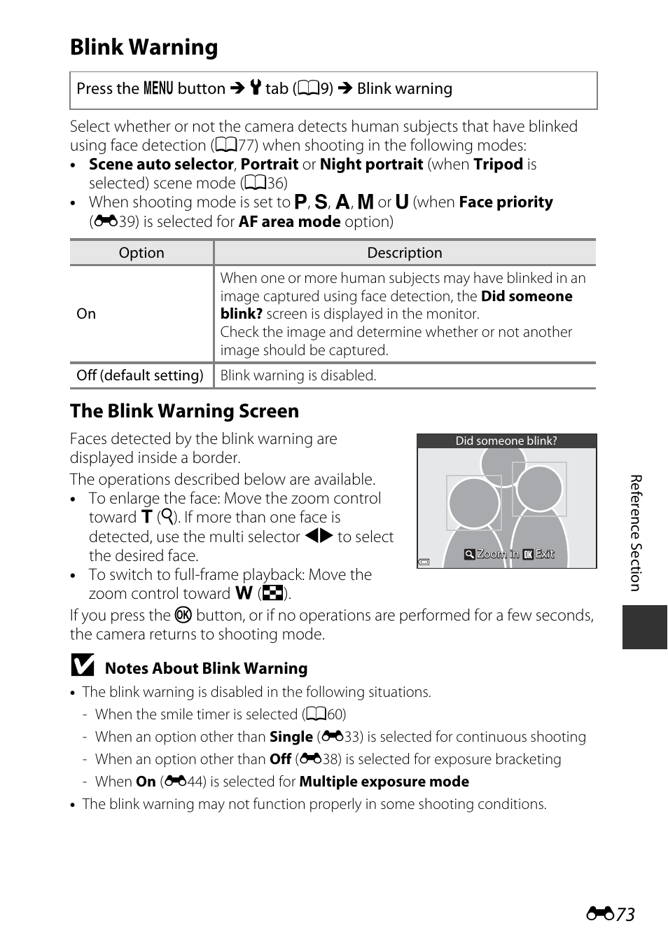 Blink warning, The blink warning screen | Nikon P530 User Manual | Page 189 / 226