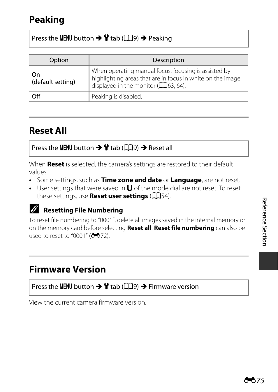 Peaking, Reset all, Firmware version | Peaking reset all | Nikon P530 User Manual | Page 191 / 226