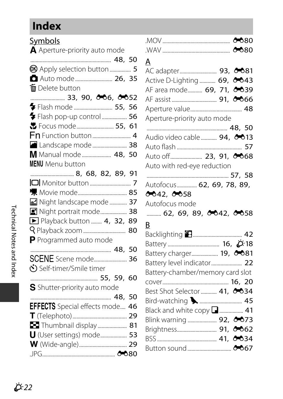 Index, F 22, Symbols | Nikon P530 User Manual | Page 220 / 226