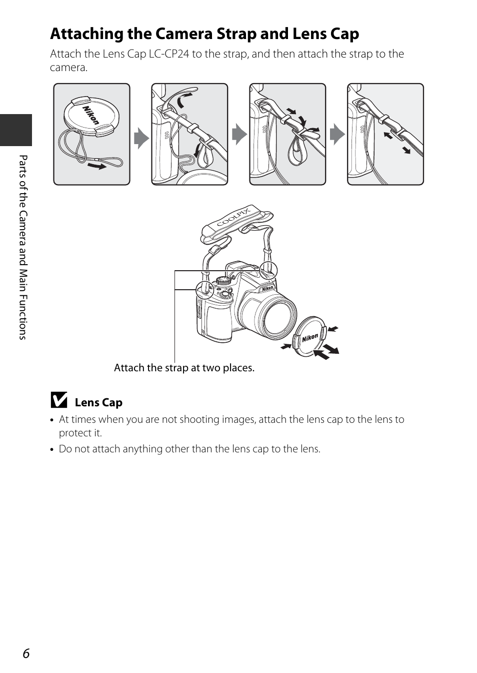 Attaching the camera strap and lens cap | Nikon P530 User Manual | Page 24 / 226