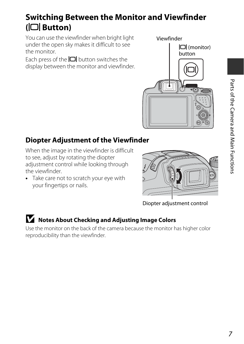 Switching between the monitor and viewfinder, X button), Diopter adjustment of the viewfinder | Nikon P530 User Manual | Page 25 / 226