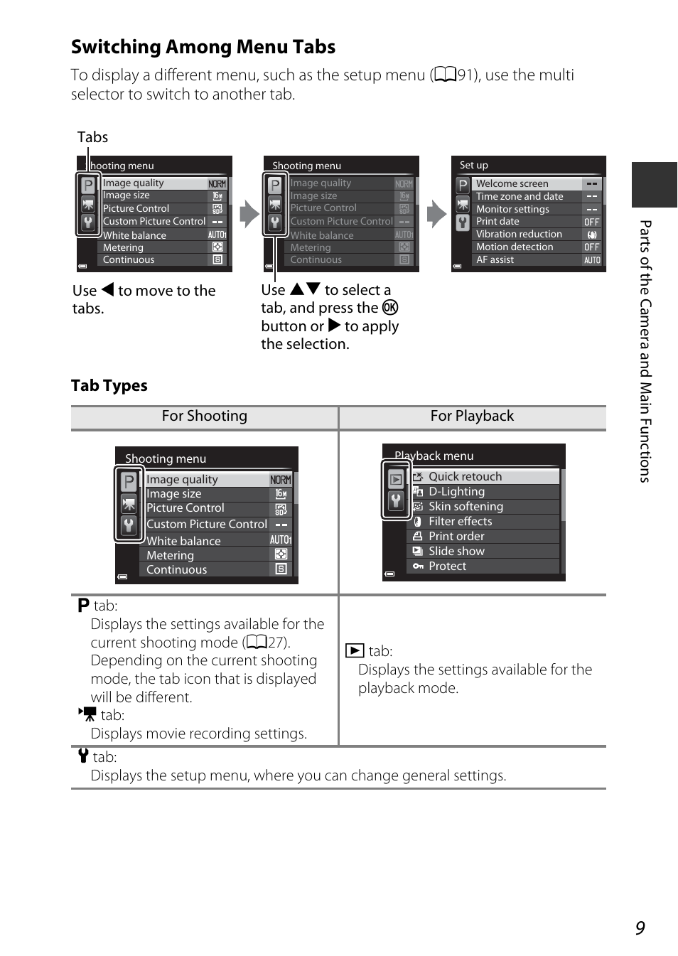 Switching among menu tabs | Nikon P530 User Manual | Page 27 / 226