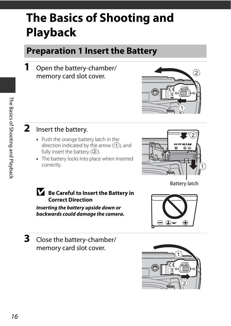 The basics of shooting and playback, Preparation 1 insert the battery, A16) | Nikon P530 User Manual | Page 34 / 226