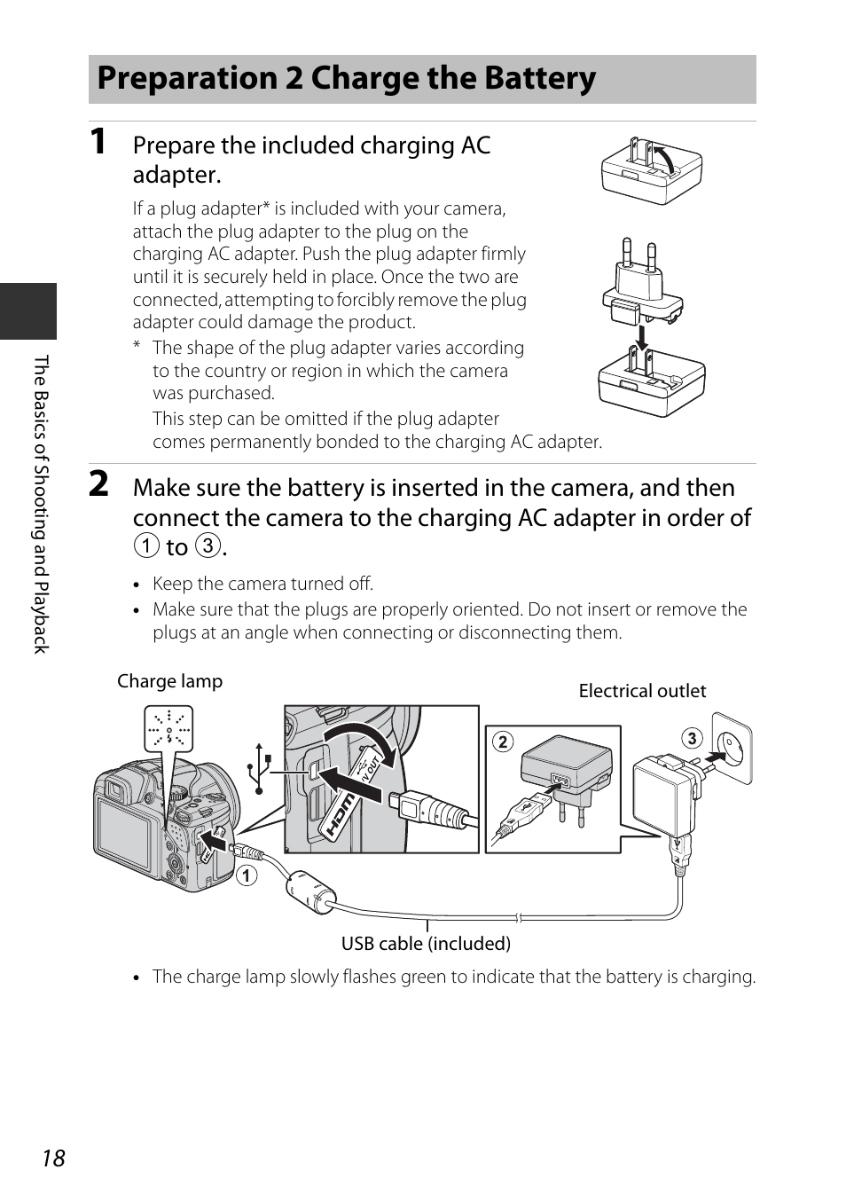 Preparation 2 charge the battery, Prepare the included charging ac adapter | Nikon P530 User Manual | Page 36 / 226