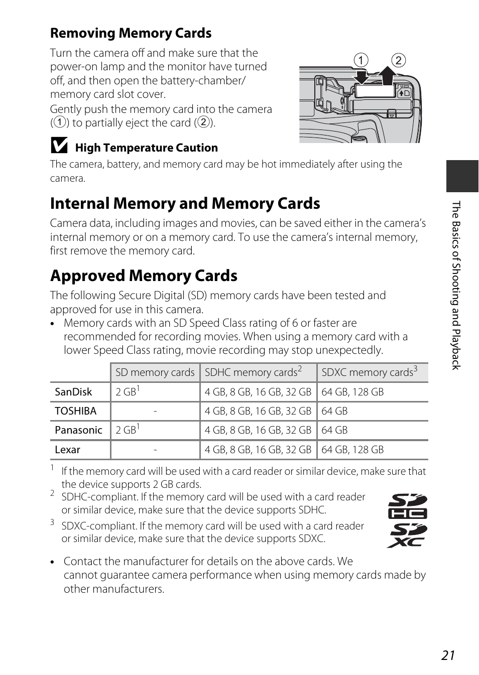 Internal memory and memory cards, Approved memory cards | Nikon P530 User Manual | Page 39 / 226