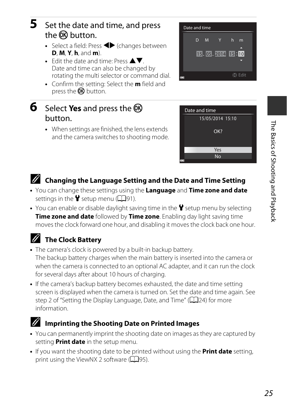 Set the date and time, and press the k button, Select yes and press the k button | Nikon P530 User Manual | Page 43 / 226