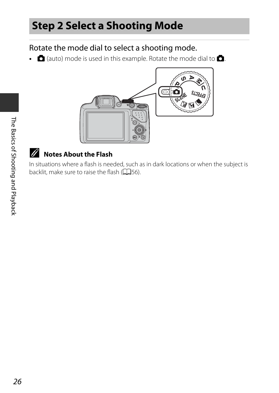 Step 2 select a shooting mode, Rotate the mode dial to select a shooting mode | Nikon P530 User Manual | Page 44 / 226