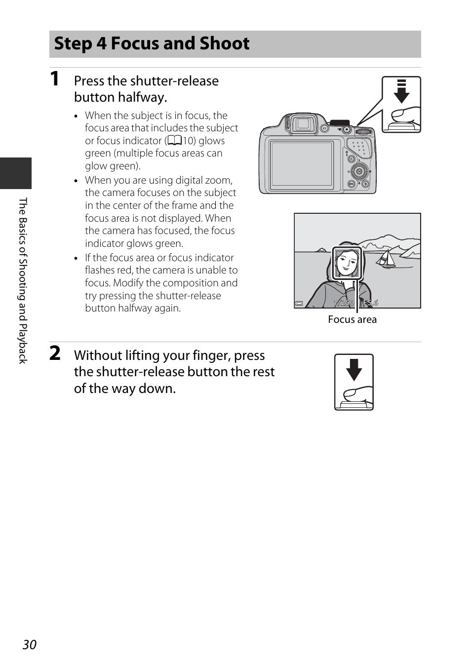 Step 4 focus and shoot, Press the shutter-release button halfway | Nikon P530 User Manual | Page 48 / 226