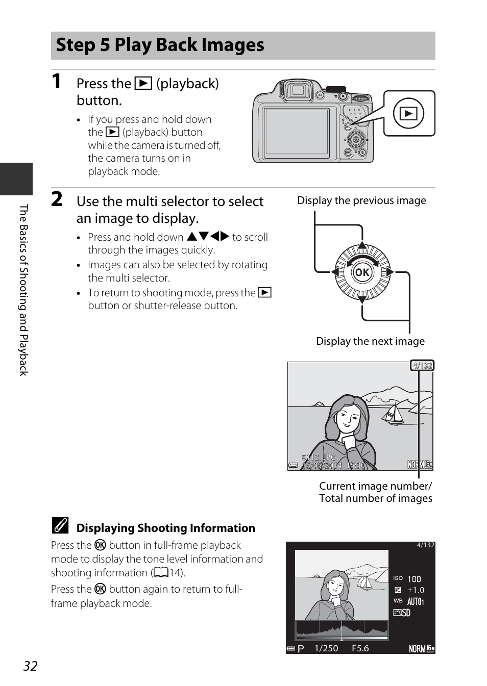 Step 5 play back images, A32), Press the c (playback) button | Nikon P530 User Manual | Page 50 / 226