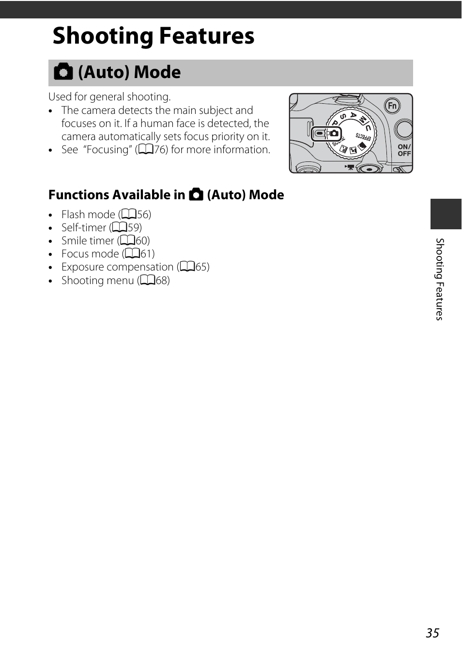 Shooting features, Auto mode, A (auto) mode | A35) | Nikon P530 User Manual | Page 53 / 226