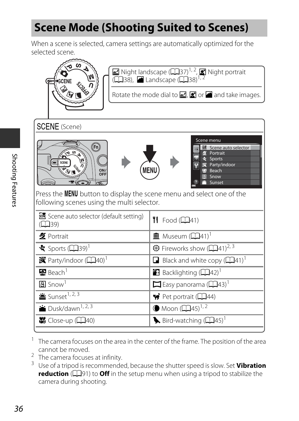 Scene mode (shooting suited to scenes), A36) | Nikon P530 User Manual | Page 54 / 226