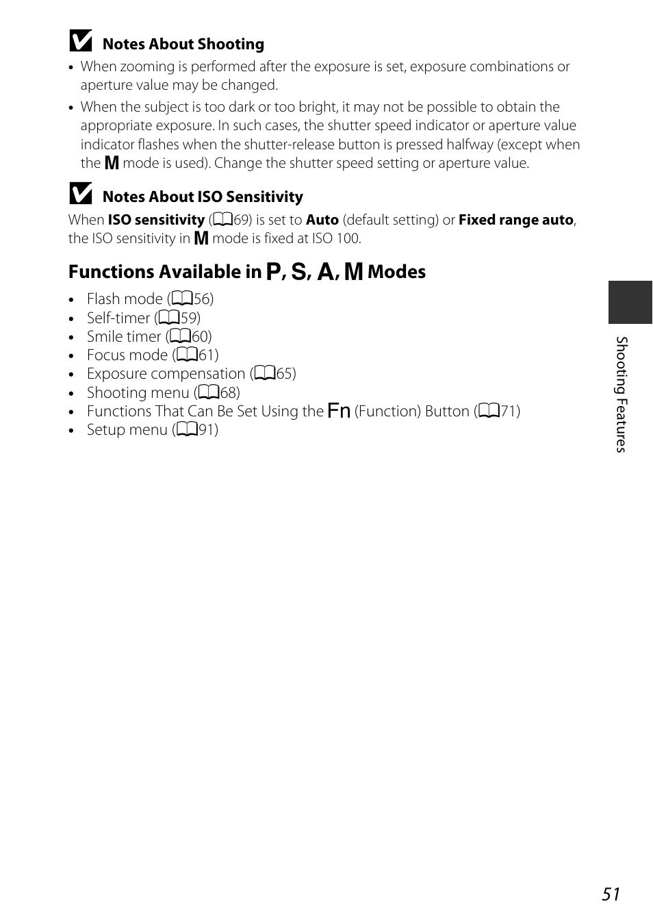 Functions available in j , k , l , m modes | Nikon P530 User Manual | Page 69 / 226