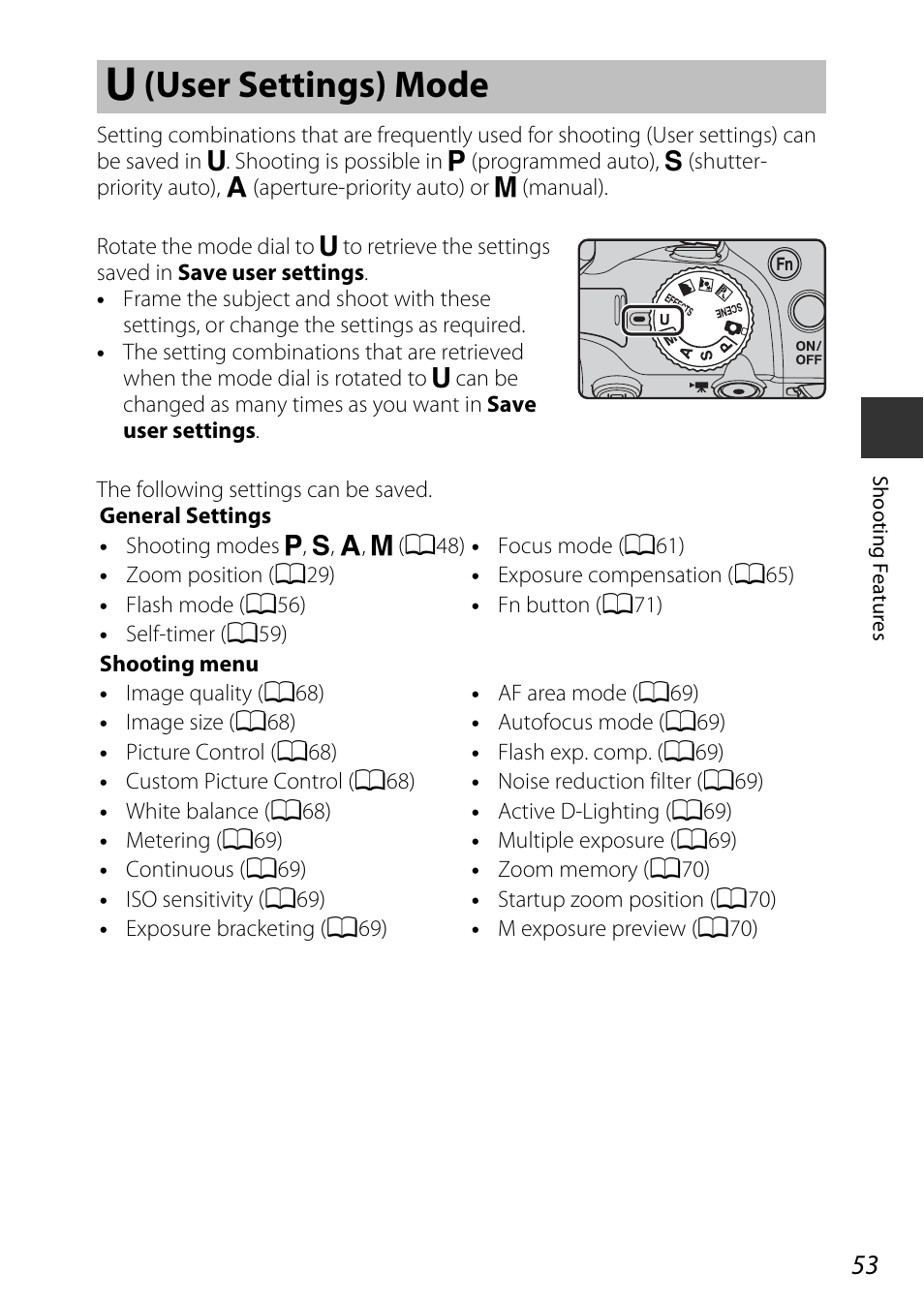 U (user settings) mode, M (user settings) mode, A53) | Nikon P530 User Manual | Page 71 / 226