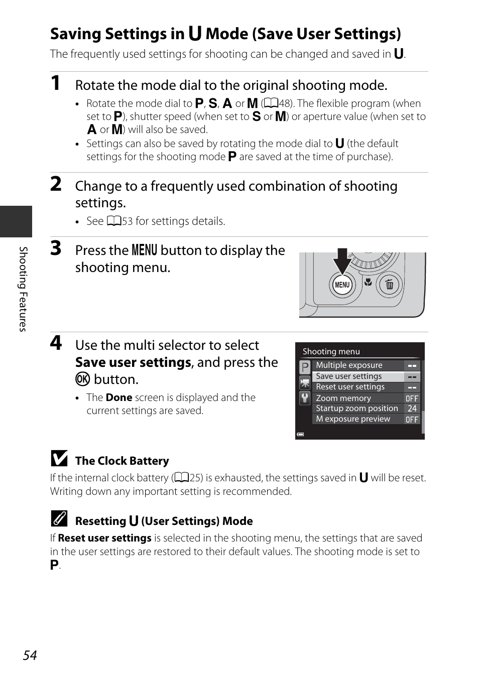 Saving settings in u mode (save user settings), Saving settings in, M mode (save user settings) | Saving settings in m mode (save user settings), Rotate the mode dial to the original shooting mode, Press the d button to display the shooting menu | Nikon P530 User Manual | Page 72 / 226