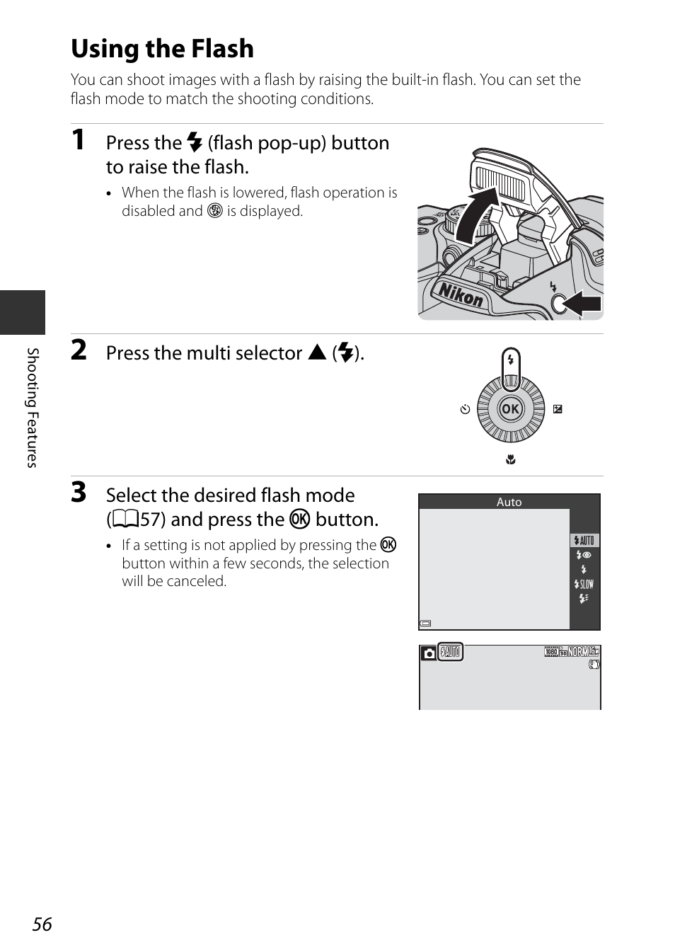 Using the flash, Flash mode, A56) | Nikon P530 User Manual | Page 74 / 226