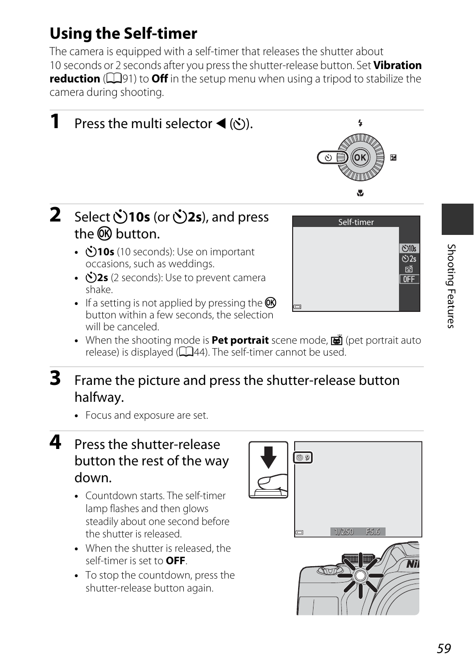 Using the self-timer, A59), Self-timer | Press the multi selector, Select n 10s (or n 2s ), and press the k button | Nikon P530 User Manual | Page 77 / 226