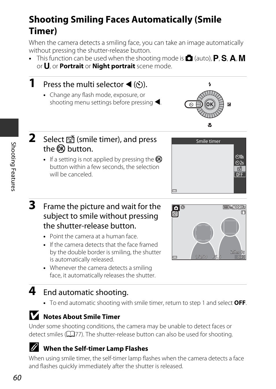 Shooting smiling faces automatically (smile timer), A60), Press the multi selector | Select a (smile timer), and press the k button, End automatic shooting | Nikon P530 User Manual | Page 78 / 226