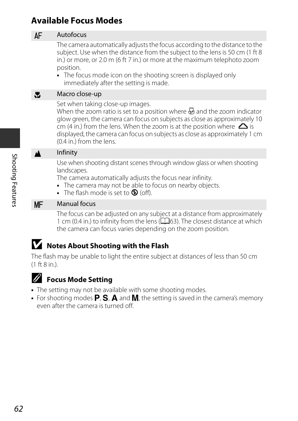 Available focus modes | Nikon P530 User Manual | Page 80 / 226