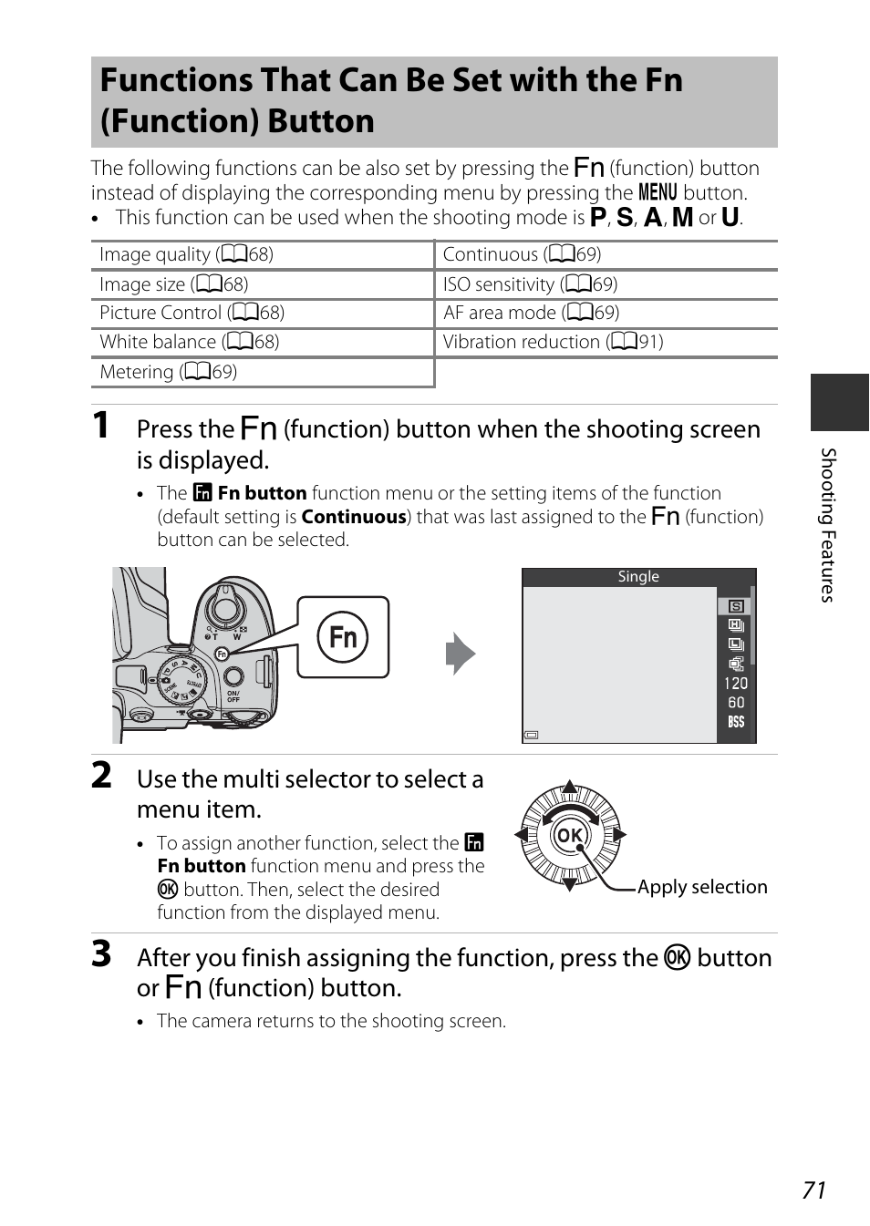 A71), Fn button, Use the multi selector to select a menu item | Nikon P530 User Manual | Page 89 / 226