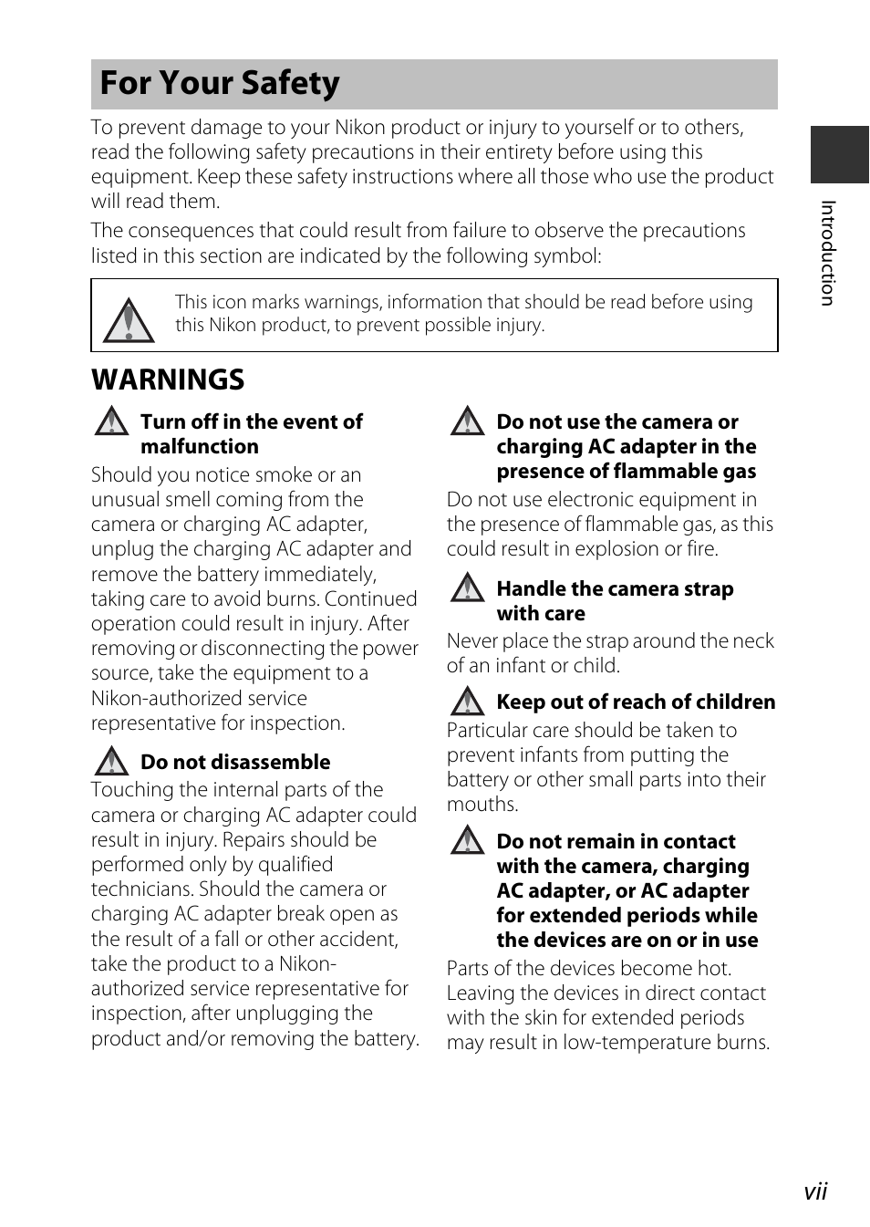 For your safety, Warnings | Nikon P530 User Manual | Page 9 / 226