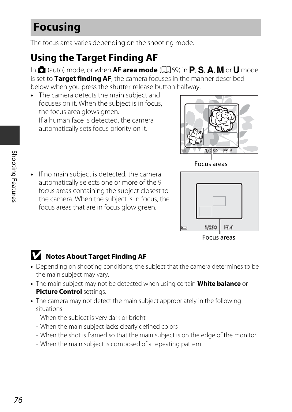 Focusing, Using the target finding af, Ocusing | A76) f | Nikon P530 User Manual | Page 94 / 226