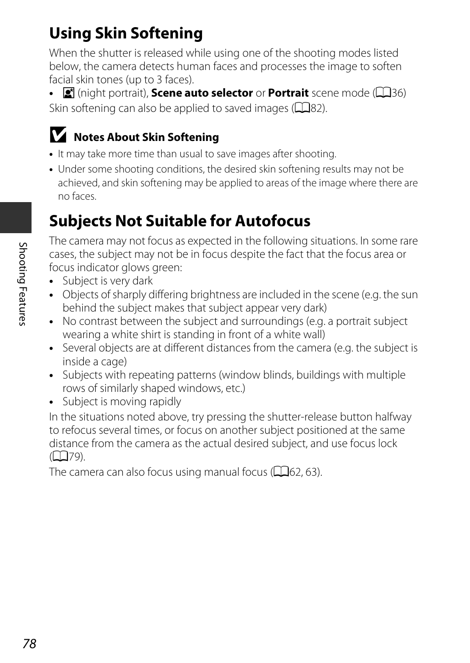 Using skin softening, Subjects not suitable for autofocus | Nikon P530 User Manual | Page 96 / 226