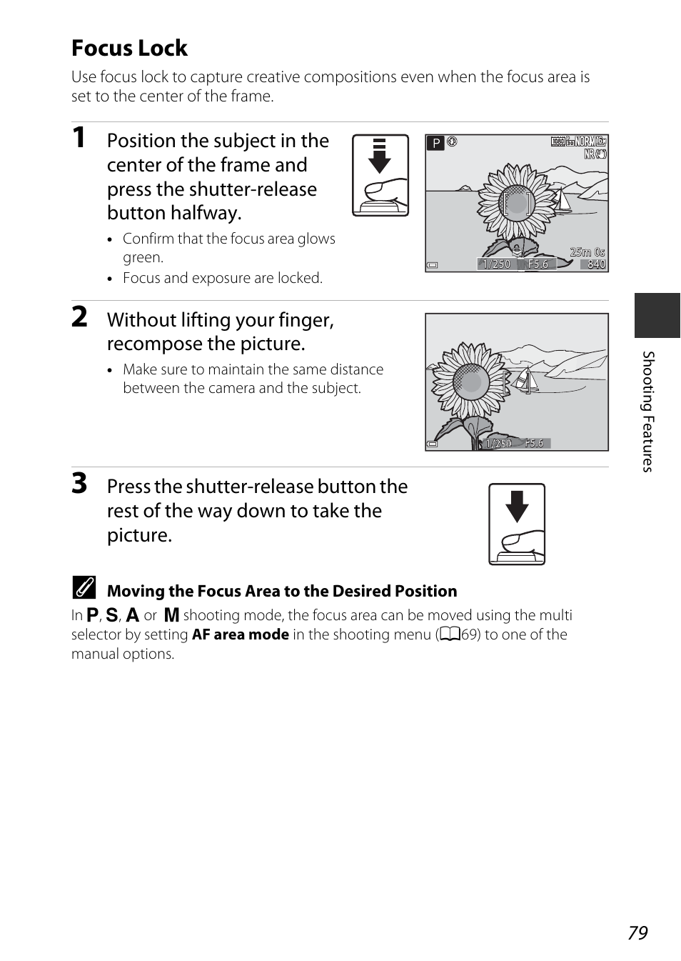 Focus lock, A79), Without lifting your finger, recompose the picture | Nikon P530 User Manual | Page 97 / 226