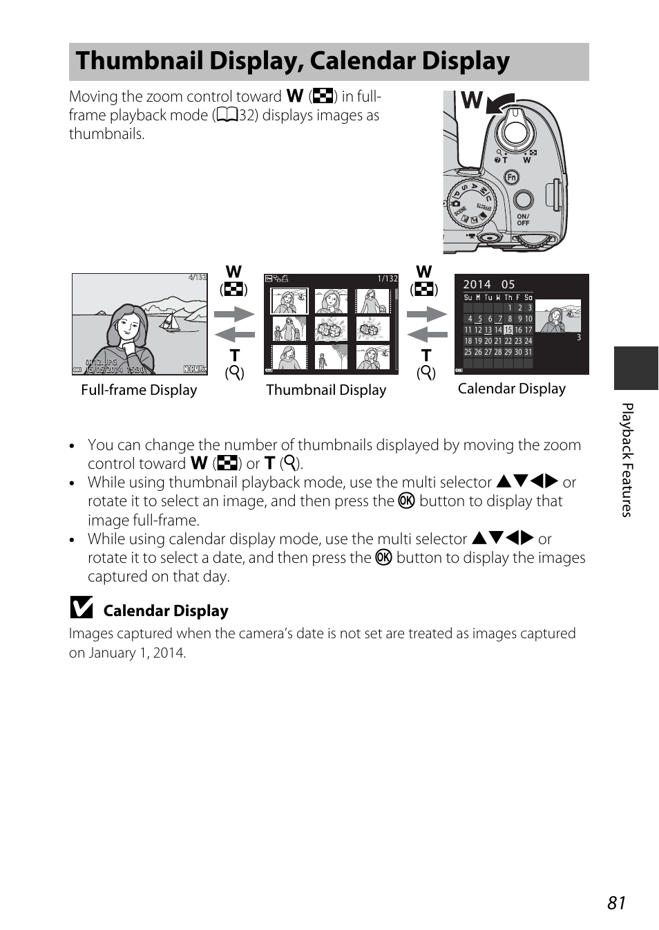 Thumbnail display, calendar display, Calendar display | Nikon P530 User Manual | Page 99 / 226