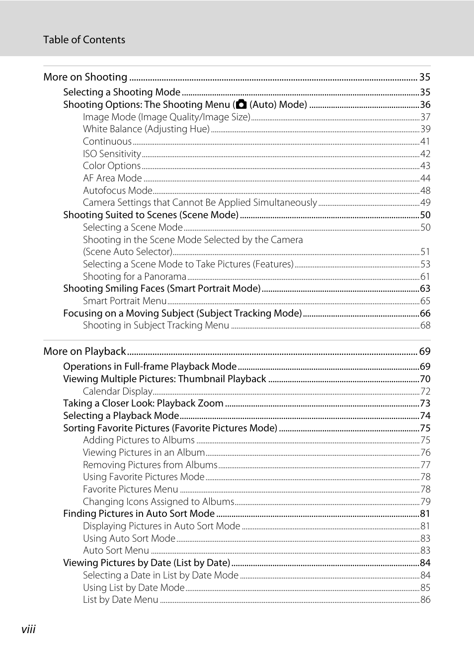 Viii | Nikon S2500 User Manual | Page 10 / 184