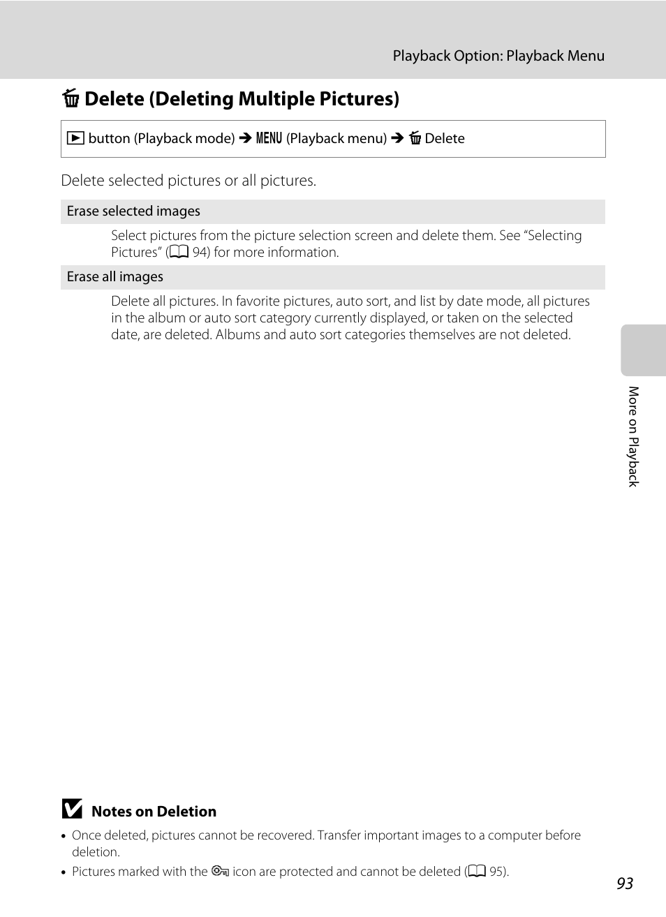 Delete (deleting multiple pictures), C delete (deleting multiple pictures), A 93) | A 93 | Nikon S2500 User Manual | Page 105 / 184