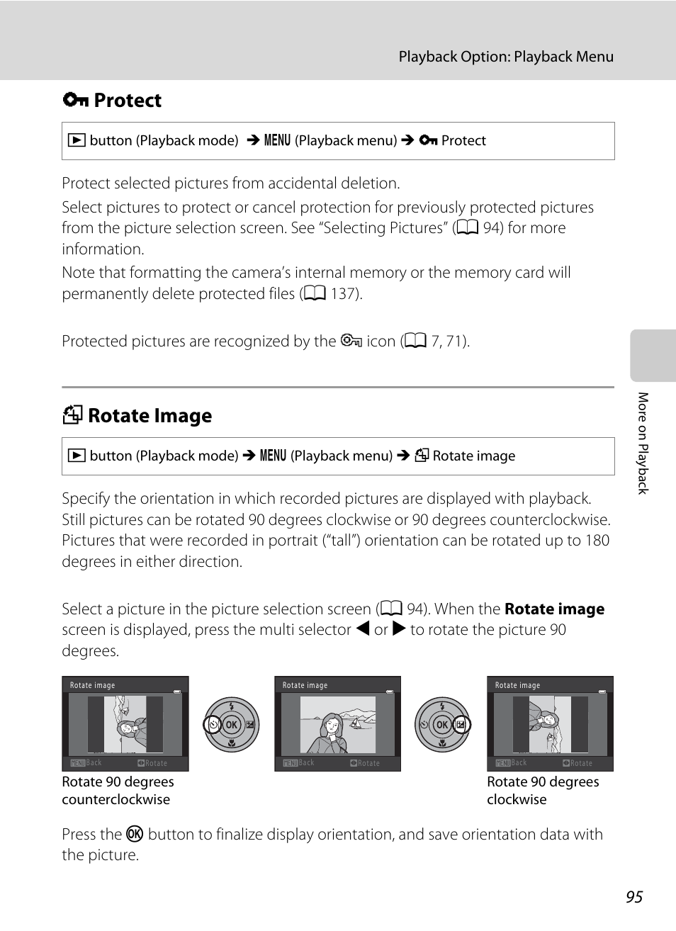 Protect, Rotate image, D protect f rotate image | A 95, A 95), D protect, F rotate image | Nikon S2500 User Manual | Page 107 / 184