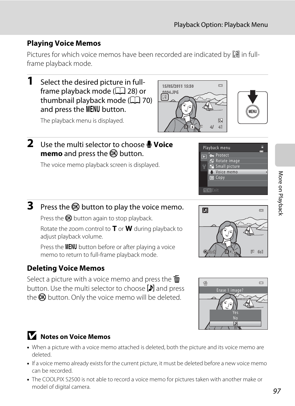 Of ”playing voice memos, A 97) | Nikon S2500 User Manual | Page 109 / 184