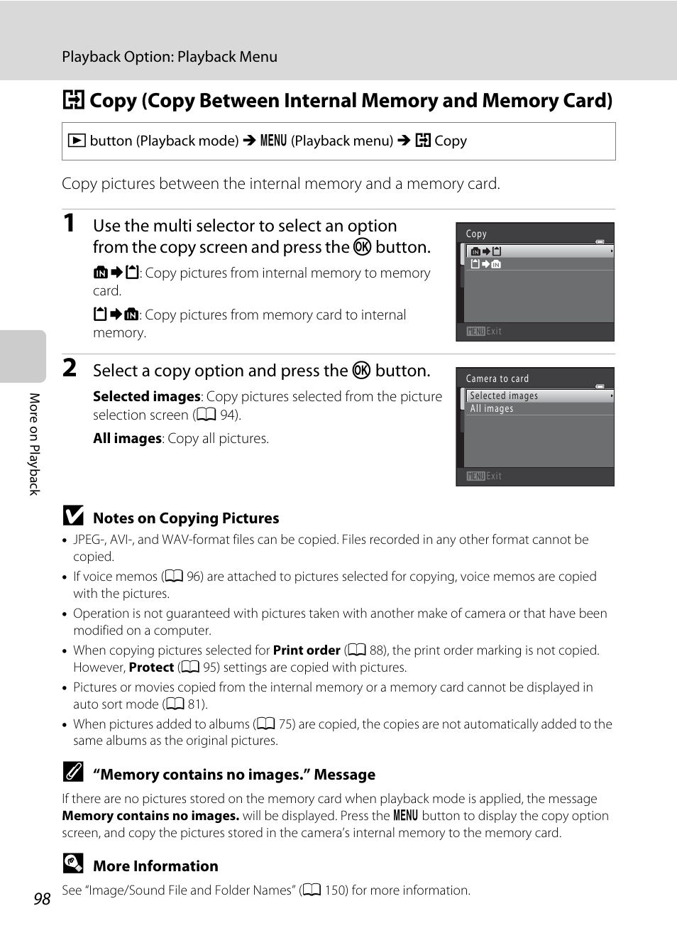A 98), A 98, Select a copy option and press the k button | Nikon S2500 User Manual | Page 110 / 184