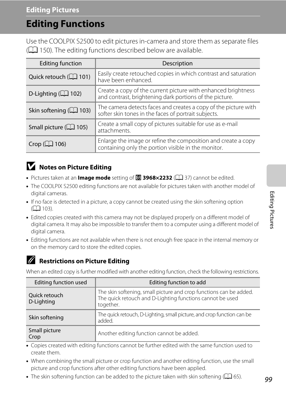 Editing pictures, Editing functions, D “editing pictures” (a 99) | Using editing function, A 99) are | Nikon S2500 User Manual | Page 111 / 184