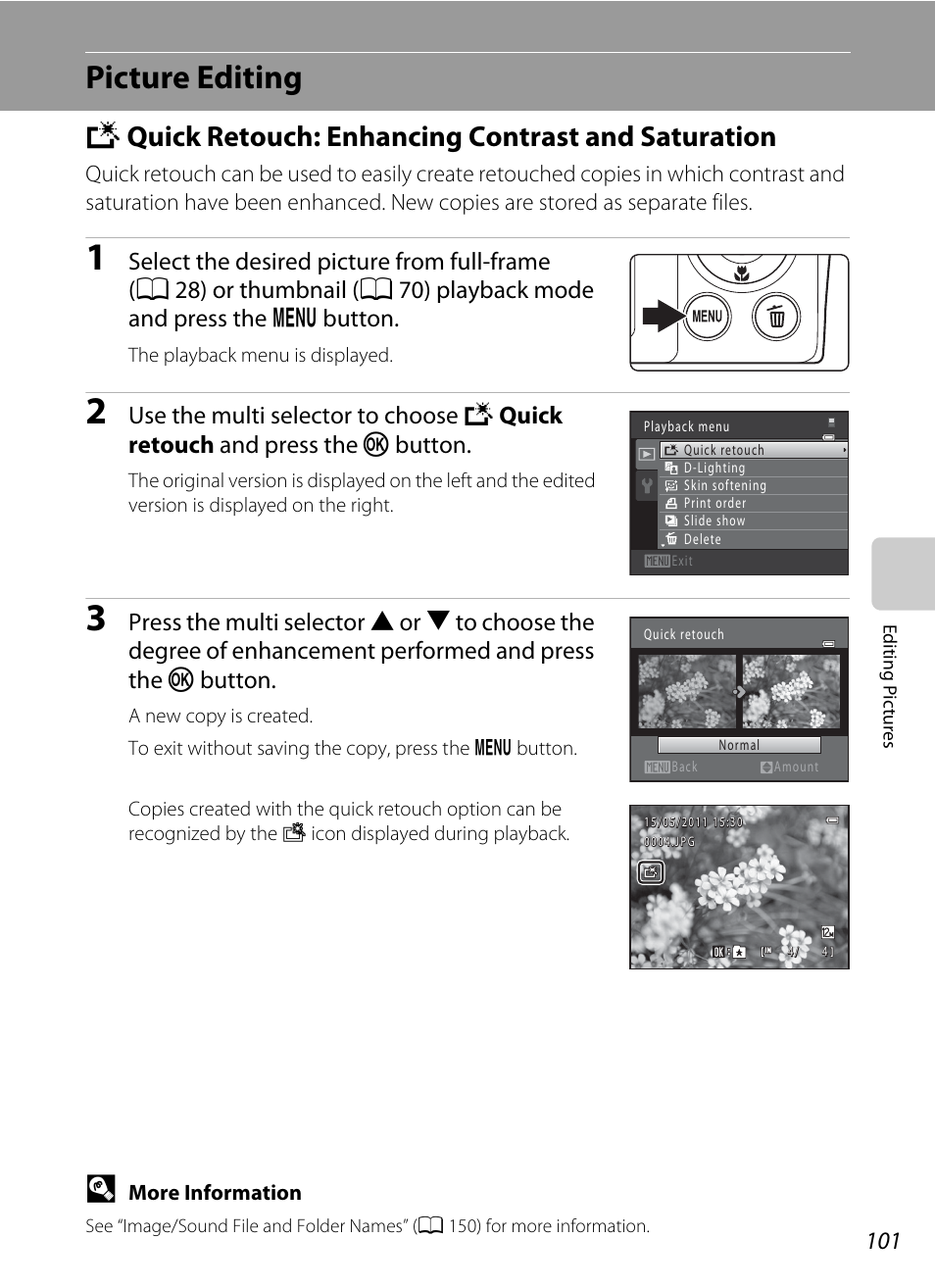 Picture editing, Quick retouch: enhancing contrast and saturation, K quick retouch: enhancing contrast and saturation | A 101, A 101) | Nikon S2500 User Manual | Page 113 / 184