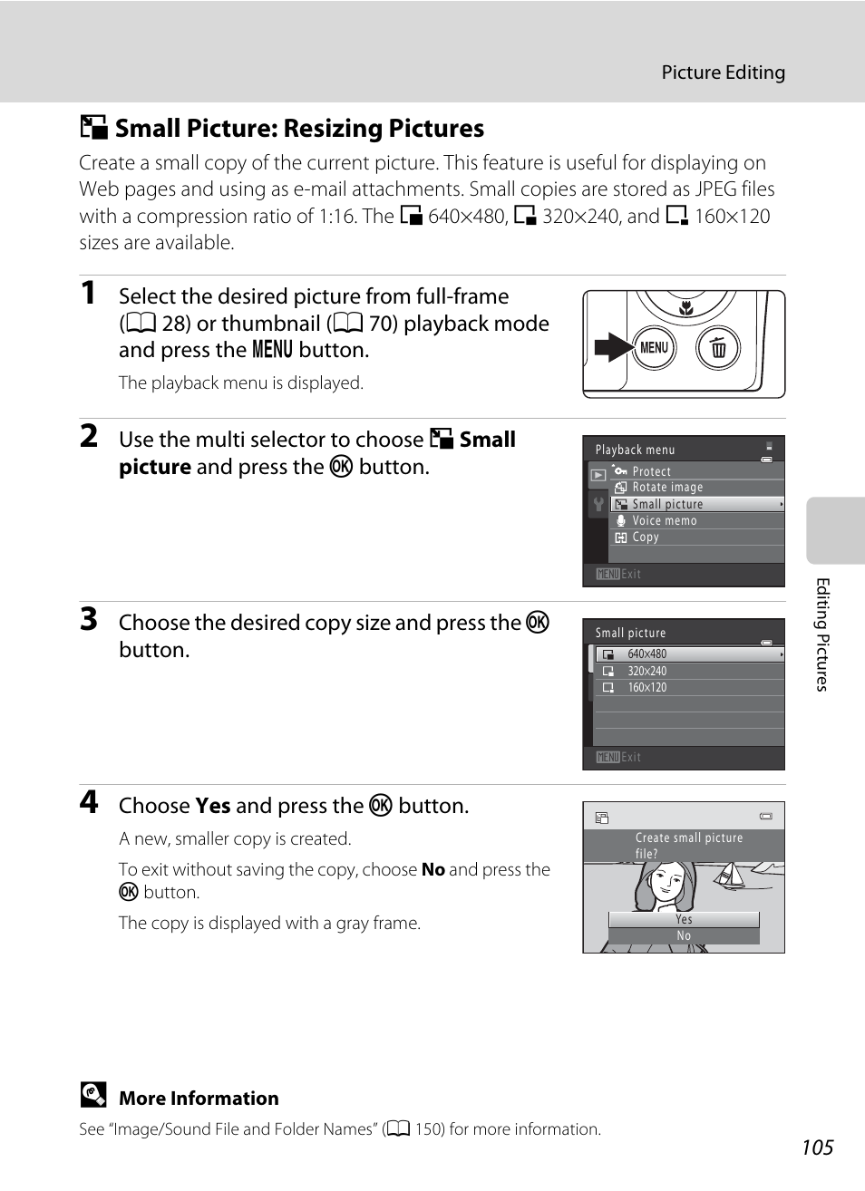 Small picture: resizing pictures, G small picture: resizing pictures, A 105 | A 105) | Nikon S2500 User Manual | Page 117 / 184