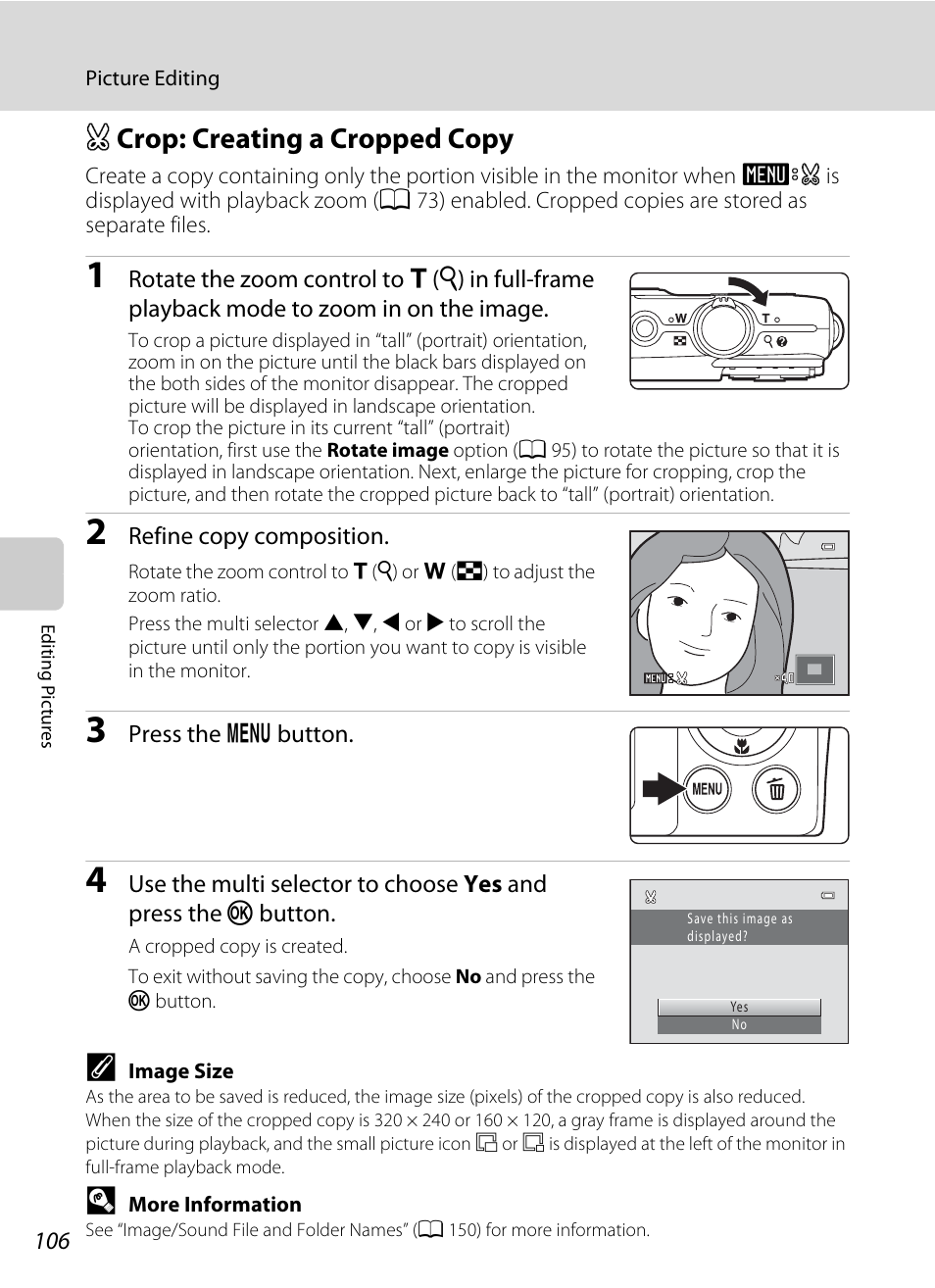 Crop: creating a cropped copy, A crop: creating a cropped copy, A 106) | Nikon S2500 User Manual | Page 118 / 184