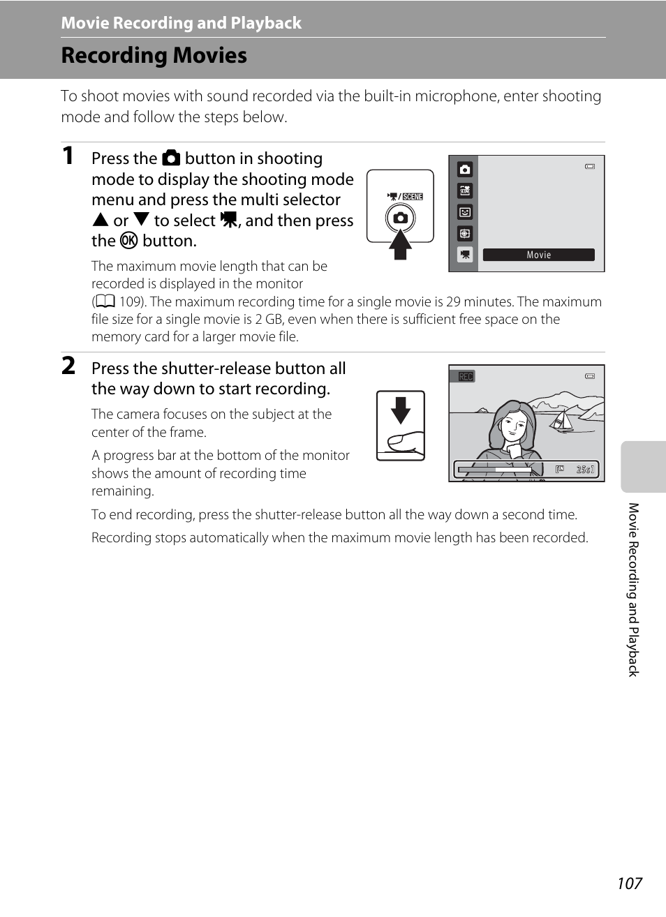 Movie recording and playback, Recording movies, A 107 | A 107) ar | Nikon S2500 User Manual | Page 119 / 184