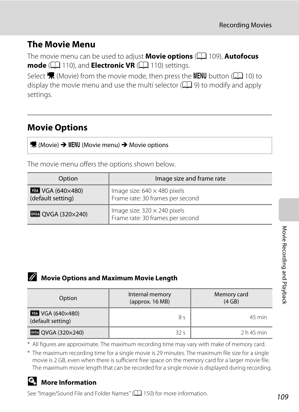 The movie menu, Movie options, The movie menu movie options | Nu (a 109) a | Nikon S2500 User Manual | Page 121 / 184