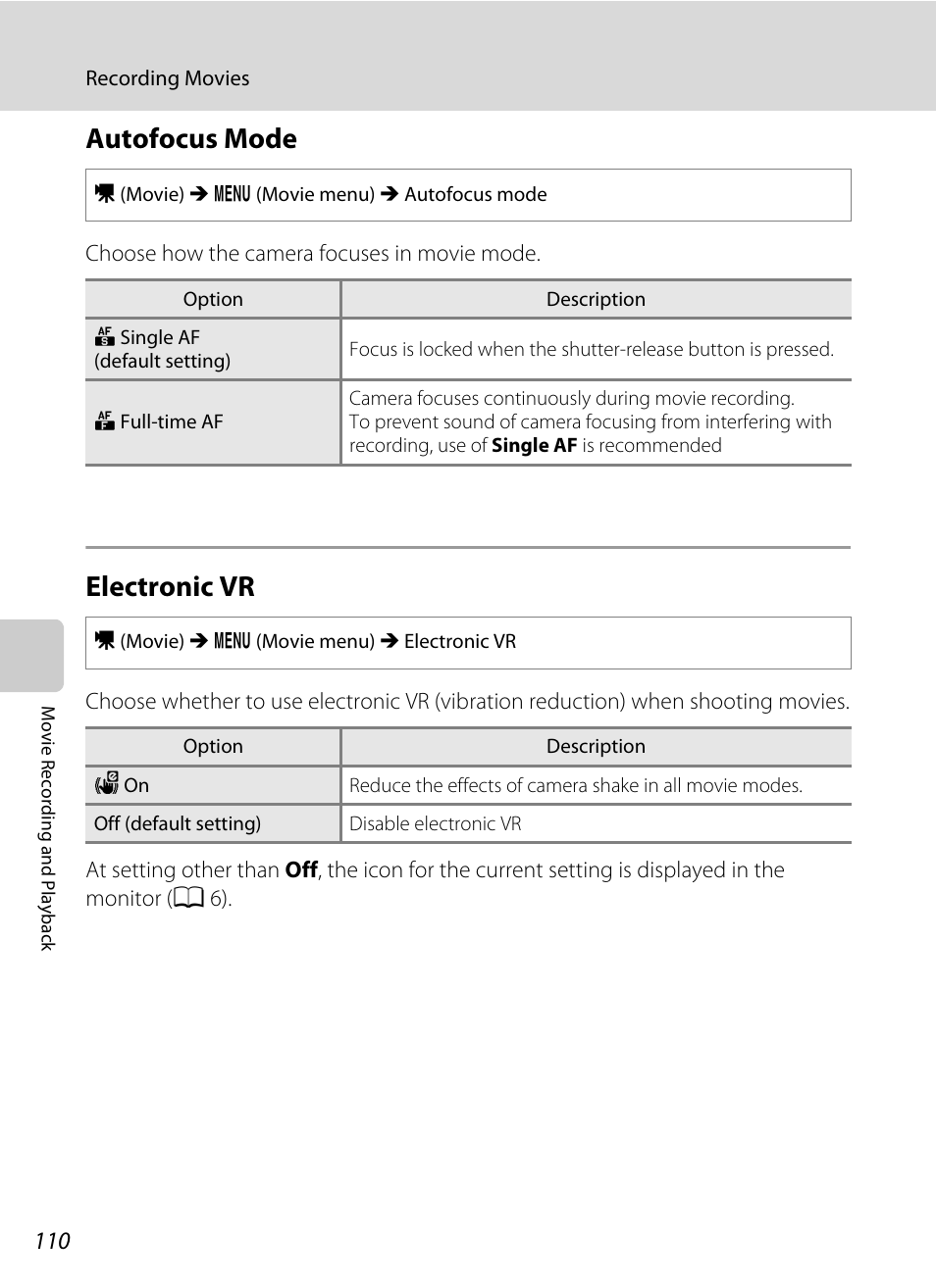 Autofocus mode, Electronic vr, Autofocus mode electronic vr | A 110), A 110), and, A 110) s | Nikon S2500 User Manual | Page 122 / 184