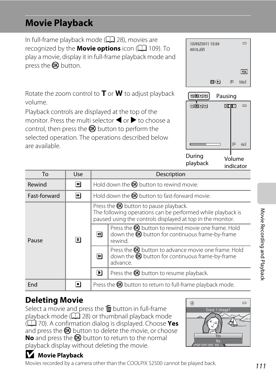 Movie playback, Deleting movie | Nikon S2500 User Manual | Page 123 / 184