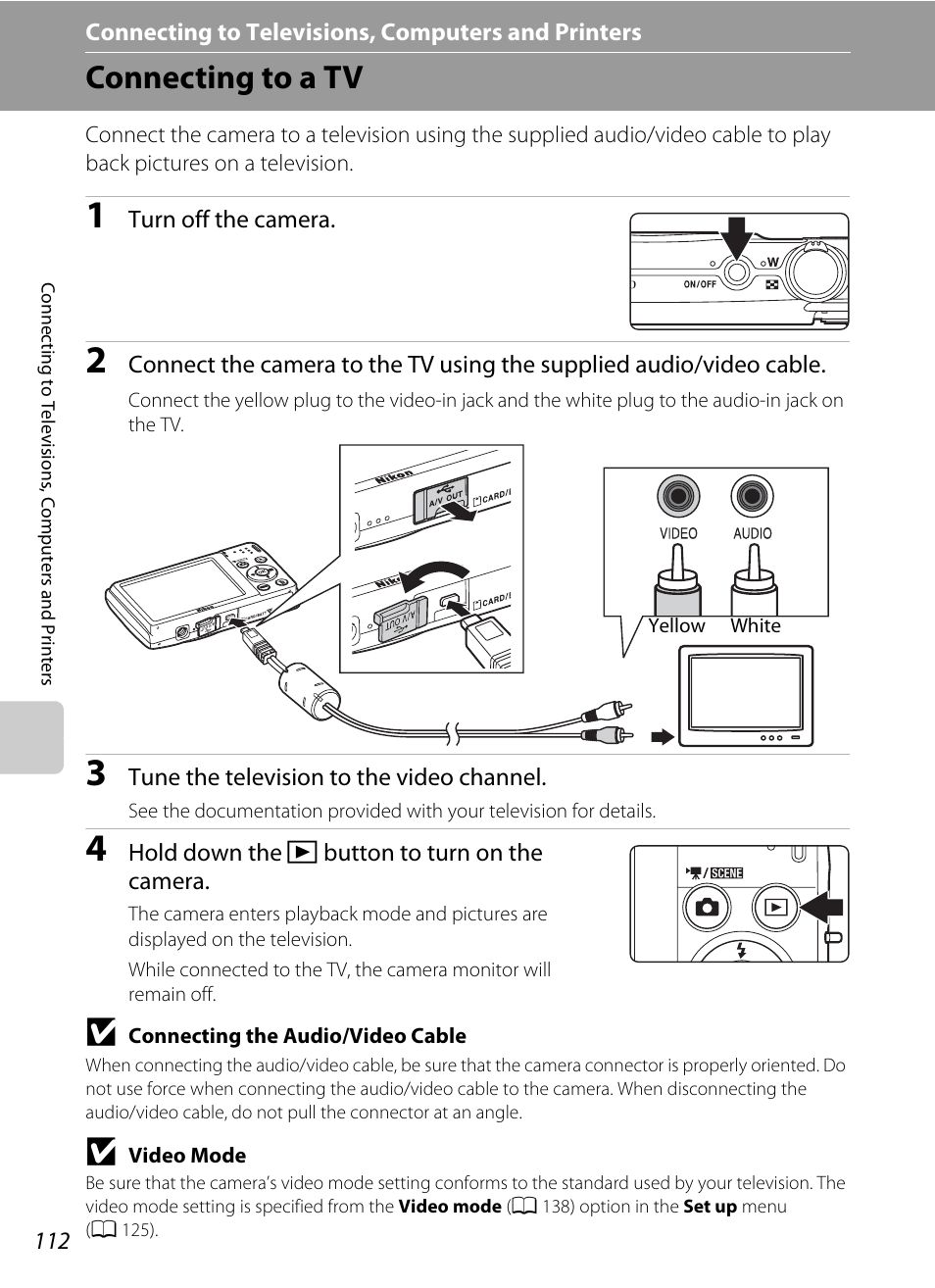 Connecting to televisions, computers and printers, Connecting to a tv | Nikon S2500 User Manual | Page 124 / 184