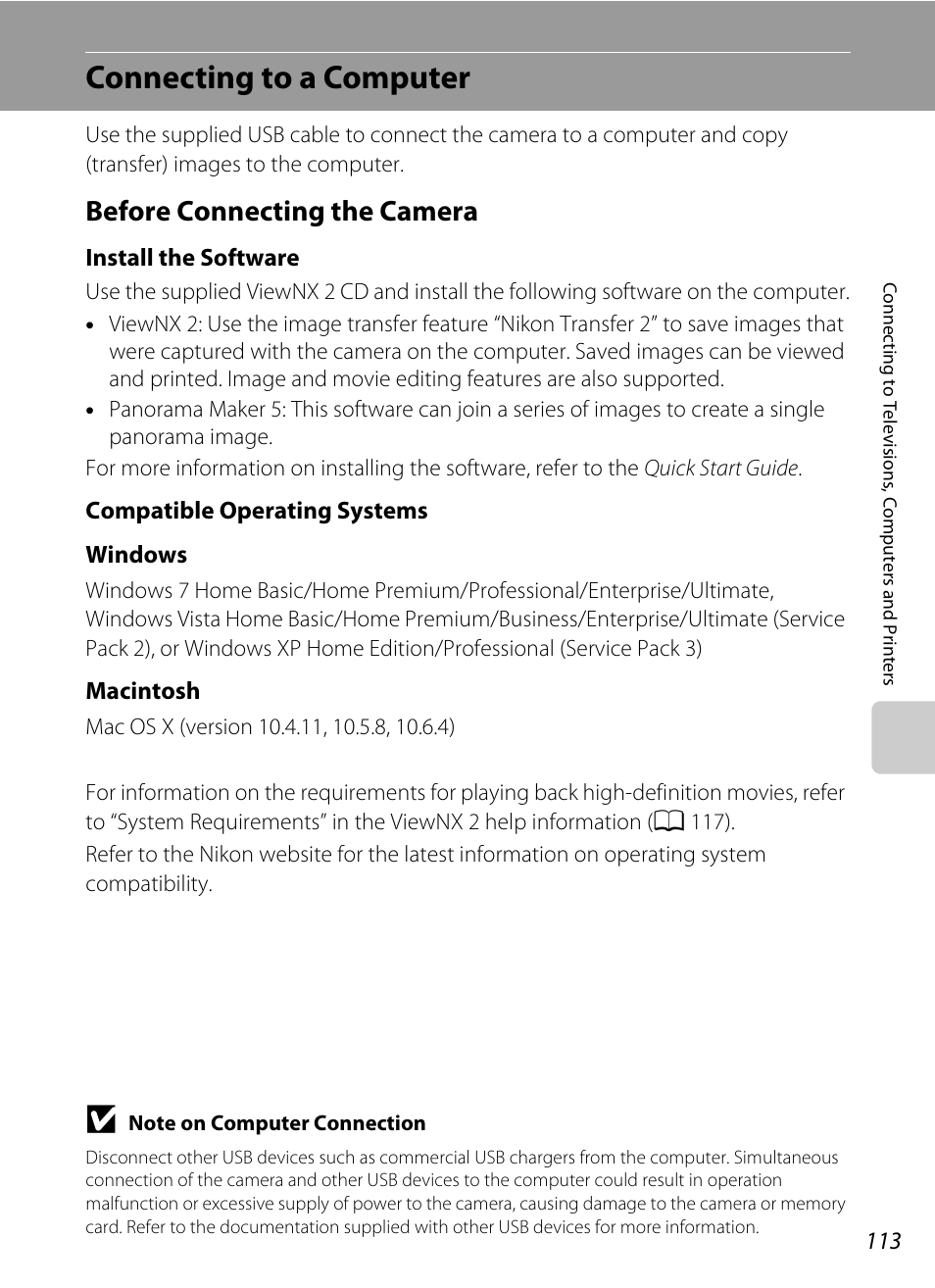 Connecting to a computer, Before connecting the camera, A 113) | Nikon S2500 User Manual | Page 125 / 184