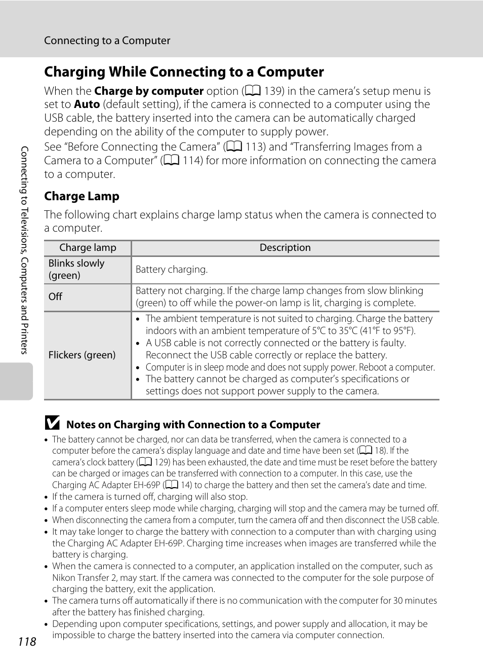 Charging while connecting to a computer, Charge lamp | Nikon S2500 User Manual | Page 130 / 184