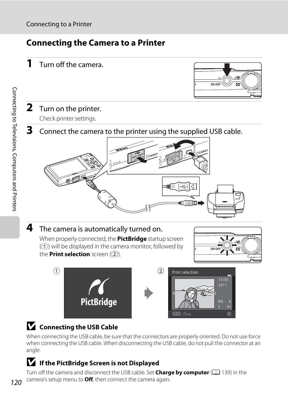 Connecting the camera to a printer, A 120) | Nikon S2500 User Manual | Page 132 / 184