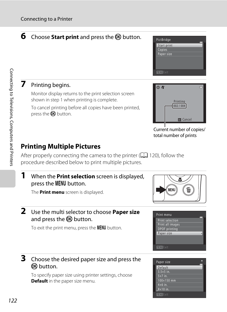 Printing multiple pictures, A 122), Choose start print and press the k button | Printing begins | Nikon S2500 User Manual | Page 134 / 184