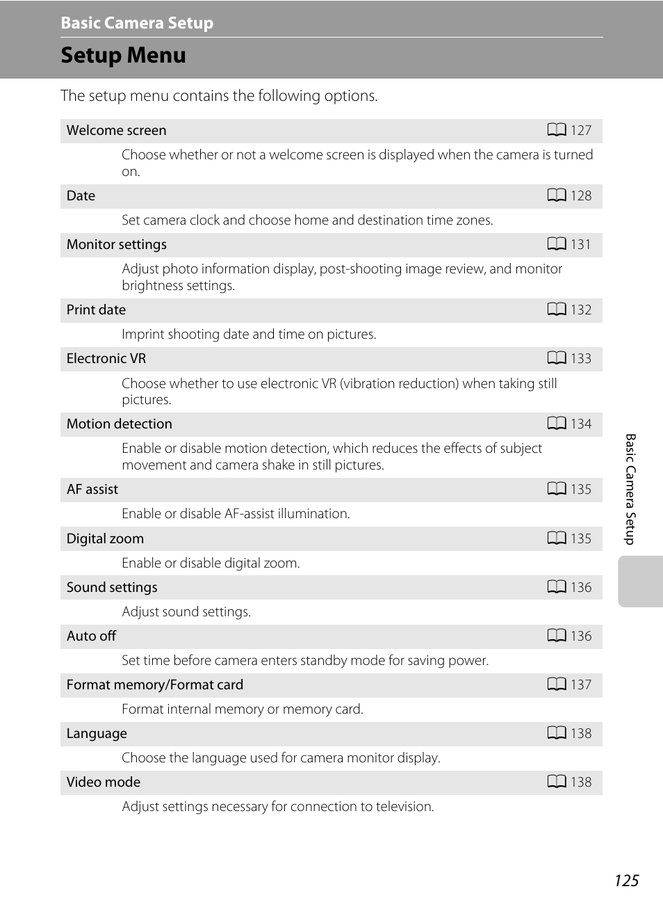Basic camera setup, Setup menu, A 125) | Nu (a 125) to, Tup menu (a 125, Menu (a 125) | Nikon S2500 User Manual | Page 137 / 184