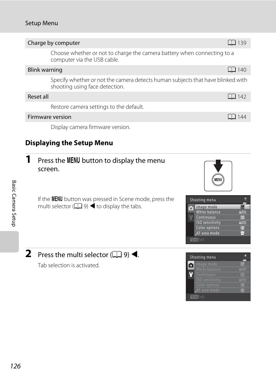 Displaying the setup menu, Press the d button to display the menu screen, Press the multi se lector ( a 9) j | Nikon S2500 User Manual | Page 138 / 184