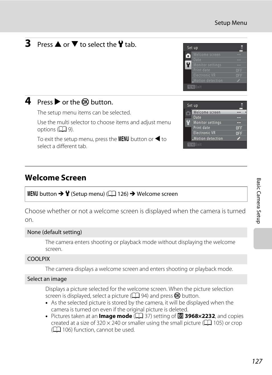 Welcome screen, A 127), A 127 | Press h or i to select the z tab, Press k or the k button | Nikon S2500 User Manual | Page 139 / 184